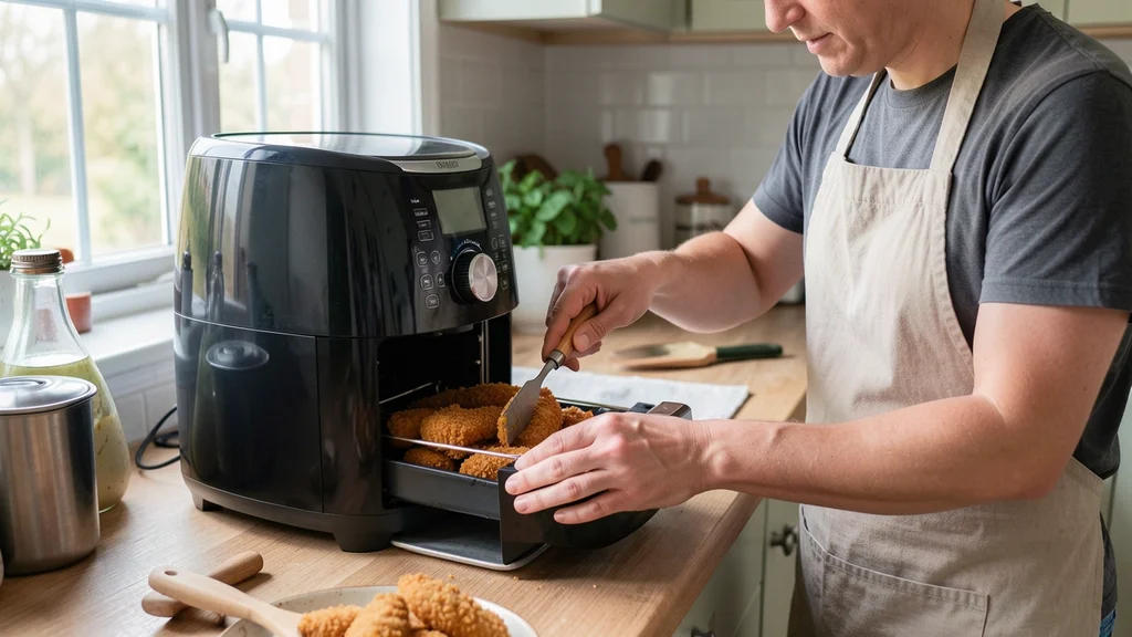 The image shows a clean, modern air fryer with a healthy meal inside, addressing health and safety concerns.