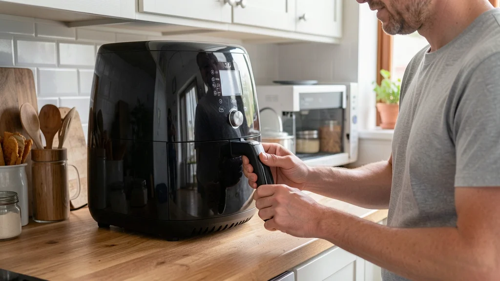 The image shows a kitchen counter with an air fryer and information about its real energy costs.